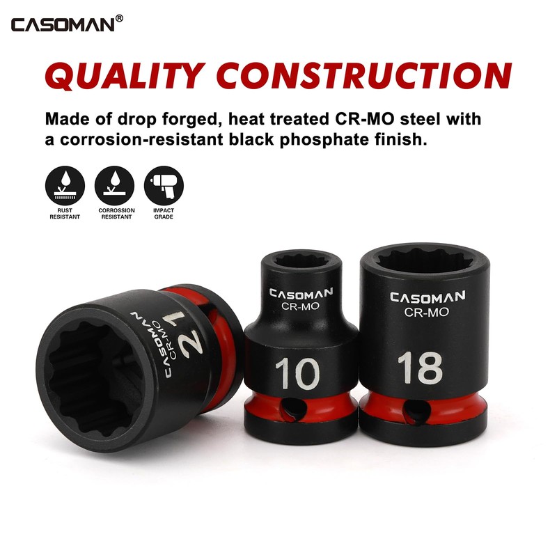 CASOMAN 26-Piece 1/2" Drive Standard Impact Socket Set, 12-Point, Metric,