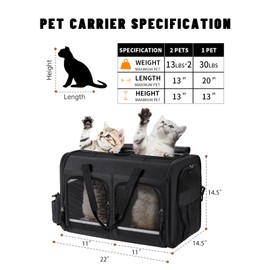 Groxkox Cat Carrier for 2 Cats, Foldable Double Cat and Dog Carrier, Small to Medium Size, 2 Front Zippered Compartments,Two Pets Carrier for Outdoor Travel,Mulitple Cat Carrier (Black)