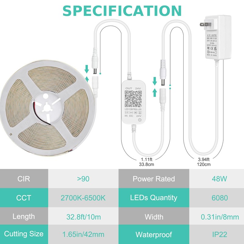 Wefomey COB LED Strip Light White, Dimmable 2700K-6500K High Density