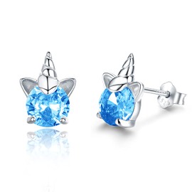 TANGPOET Unicorn Earrings 925 Sterling Silver Hypoallergenic Cute Small Unicorn Stud Earrings Birthstone Jewellery Gifts for Girls Children Women with Gift Box, Sterling Silver, Cubic Zirconia