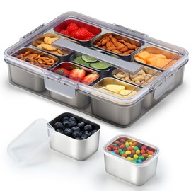 Snackle Box Container, Stainless Steel Snack Containers for Adults, 9 Compartments Divided Serving Tray with Lids and Handle, Portable Snack Platter for Parties, Grey