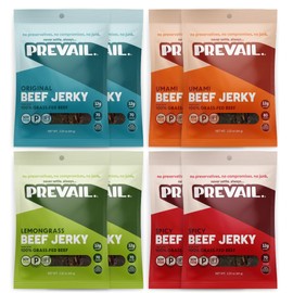 Grass Fed Beef Jerky Variety Pack, by PREVAIL - Low Sodium and Gluten Free! | Umami, Spicy, Lemongrass, and Original - Pack of (8) Bags | | Our Gourmet Jerky is Paleo Certified, Soy Free, Free of Preservatives, and contains no GMO's!