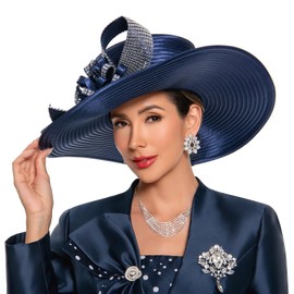 Go Mai Women's Church Hat for Baptism Wedding Wide Brim Rhinestone Fascinator Sunday Chapel Tea Party Hat
