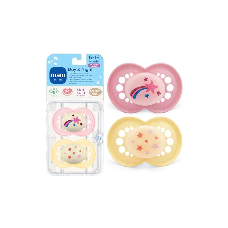 MAM Glow in the Dark Night Orthodontic Pacifier, Girl, 6+