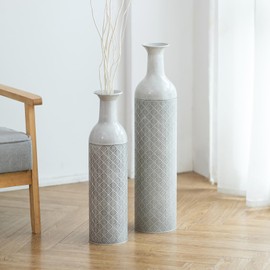Sziqiqi Tall Floor Vase for Flowers - 21.65/27.56in Extra Large Floor Vase Set of 2 Big Metal Glazed Vases for Pampas Grass Twigs Vintage Grey Oversized Vase for Living Room Bedroom Home Farmhouse