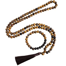 TAMHOPE Long Tiger Eye Beaded Black Onyx Tassel Necklace and Rosary Japa Mala Beaded Wrist Bracelet,Yoga Meditation Prayer Gift for Women and Men(8mm/0.32 inches)