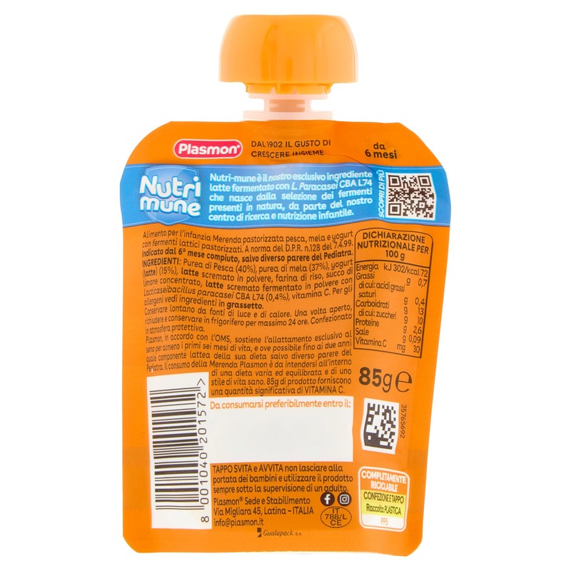 Plasmon Frullato Nutrimune Pesca Yogurt - 6 Sacchettini da 85g