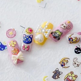 New Cartoon Anime Princess Moon Hare Nail Sticker Decals 5D Embossed(2 Sheets) + 3D Diamond Nail Art Accessories(4 Pcs)