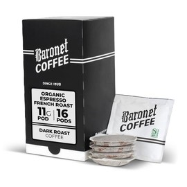 Baronet Coffee Pods [Organic Espresso] Single Cup Soft 11 Gram - 1 Box of 16 Single Serve 11 Gram Pods, Dark Roast, Kosher, Vegan [Organic Espresso]