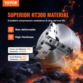 VEVOR 3-Jaw Lathe Chuck, 8'', Self-Centering Lathe Chuck, 0.16-8 in/4-200 mm Clamping Range with T-key Fixing Screws Hexagon Wrench, for Lathe 3D Printer Machining Center Milling Drilling Machine