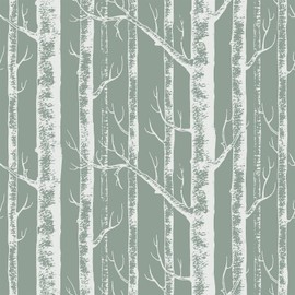 VEELIKE Sage Green Birch Tree Peel and Stick Wallpaper Vintage Woodland Forest Birch Wallpaper for Bedroom Farmhouse 17.7''x118'' Self Adhesive Removable Tree Wall Mural Green Contact Paper for Walls