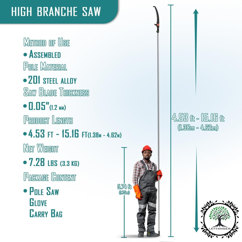 LETYANGER Pole Saws for Tree Trimming, 15ft Extendable Long Tree