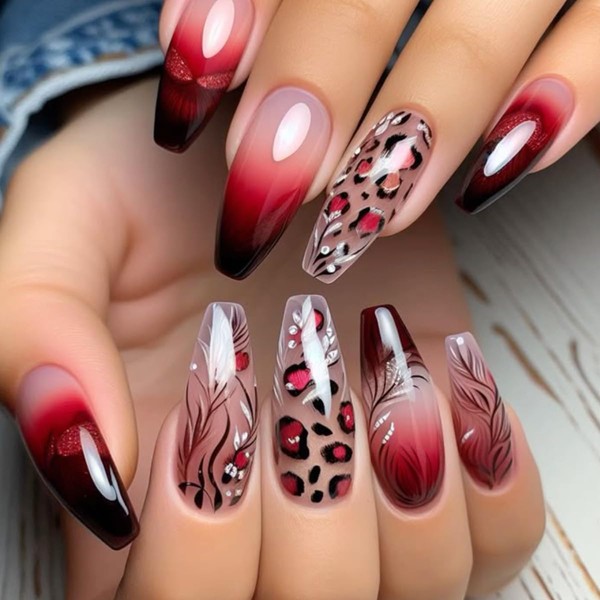 Leopard Print Press on Nails Red Black Gradient Fake Nails