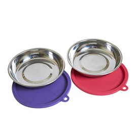 Messy Cats 4pc Set with Two Stainless Saucer Shaped Bowls and Two Silicone Lids, 1.75 Cups Per Bowl, Watermelon and Purple Lids