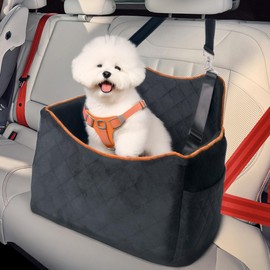 Dog Car Seat for Small to Medium Dogs 35 lbs, Safety Dog Booster Travel Bed with Secure Safe Buckles & Clip-On Leash, Soft Waterproof Washable Cat Car Seat with Storage Pockets，Black