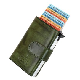 Fa.Volmer ® Pop-up card case made of genuine leather with/without coin compartment for men and women, max. 11 cards, RFID protection, wallet VO24/31, Zip Hunter Green, Contemporary