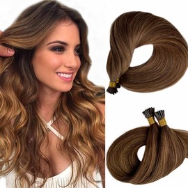 12 Inch Balayage Keratin I Tip Hair Extensions Human Hair Highlight Brown Roots Pre Bonded I Tip Hair Extensions #4/18/4 Dark Brown to Ash Blonde Highlighted 50 Grams Cold Fusion Hair Extensions