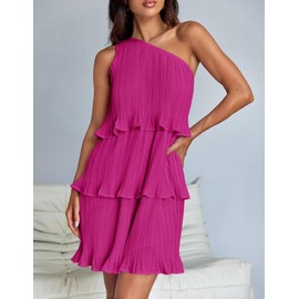 ZESICA Women's 2025 Summer Sleeveless Mini Dress Boho One Shoulder Ruffle Tiered Layered Chiffon Flowy A Line Dresses,Rose,Small