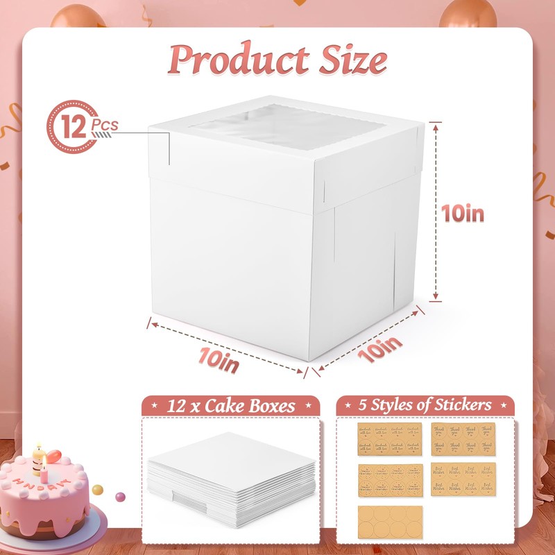 DOYIDE 12Pcs Cake Boxes, 10x10x10 Inches Tall Cake Boxes with
