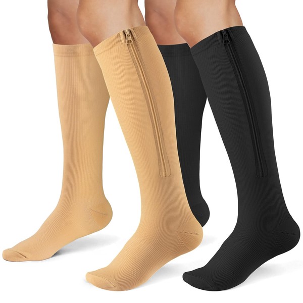 Zipper Compression Socks for Women & Men 2 Pairs,15-20mmhg Closed