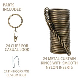 Curtain Rings and Hooks Clip,25mm Inside Diameter,Complete Set with Curtain Pole Rings, Hooks and Clips Pack of 24 Curtain Rings for Two Standard Curtains Bronze TXZWJZ