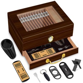 Spanish Cedar Cigar Humidor Box with Accessories and Humidifier - Glass Cover and Storage Drawer - Desktop Cigar Holder for Men - Portable Travel Case - Small Table Top Humidors for 20-50 Cigars