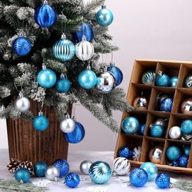 Lunmon 64 Pcs Winter Christmas Ball Ornaments Glitter Matt Silver Blue Christmas Decorations for Tree 1.6/1.97/2.4 in Winter Wonderland Decoration Assorted Size Winter Ornament for Xmas Tree Party