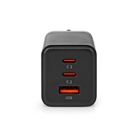 Mains Charger - 65 W - GaN - Quick Charge Function - 3.0/3.25 A - Number of Outputs: 3 - USB-A / 2X USB-C - Automatic Voltage Selection