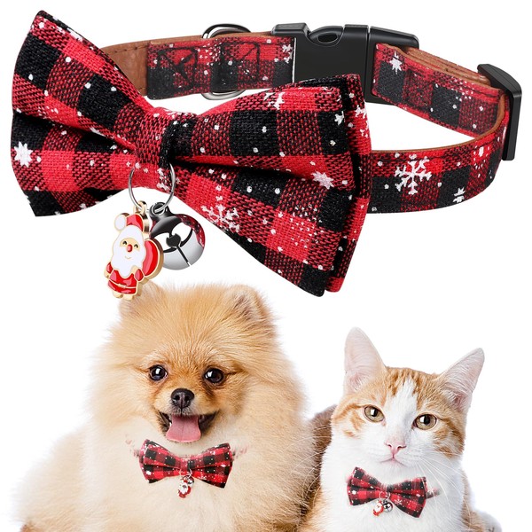 Becellen Christmas Dog Collar, Checked Collar with Bow, Adjustable Snowflake