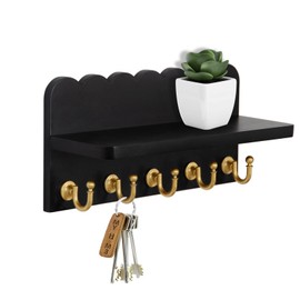 Karisky Key Holder Rack for Wall, 10 Inches Wood Wall Mount Scalloped Entryway Shelf with 5 Metal Hooks for Sunglasses, Dog Leash, Bags, Coats, Umbrella, Black