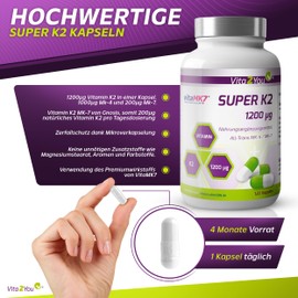 Super K2 – 1200µg Vitamin K2 (Natural Menaq Uinon MK-4 MK-7) > 99% all Transformations – 120 Capsules – High Dose – Premium Quality – Made in Germany