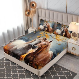 UEVBF White Brown Horses Fitted Sheets Full Size,Watercolor Painting Autumn Leaves Bedding Set for Kids Bedroom Horse Decor,Natural Scenery Aesthetics Fitted Sheets,1 Fitted Sheet+2 Pillowcases.