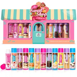 Beauty4Britain Kids Lip Balm Set Sweet Shop - 12 Different Dessert Flavours, Beeswax & Coconut Oil, Colourless, for Girls and Boys