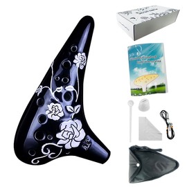 Rose Flower Ocarina 12 Hole Alto C Relief Pattern AC Tone Ceramic Instrument (Black)