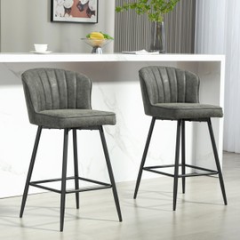 Finnhomy Counter Height Bar Stools Set of 2 - Upholstered Bar Chairs with Metal Footrest and Back, 300LB Weight Capacity for Kitchen Island, Home Bar, Vintage Leather, Grey