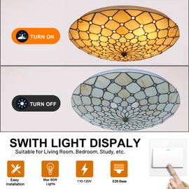 Flush Mount Tiffany Ceiling Light, 20 Inch Tiffany Style Stained Glass Ceiling Light Fixture, 4-Light Retro Artzone Rustic Foyer Ceiling Lights for Entryway Dining Room Kitchen