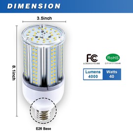 JURDXLED 40W LED Corn Light Bulb 5000 Lumen 5000K Large Area Cool Daylight White E26/E27 Medium Base for Outdoor Indoor Garage Warehouse Factory Workshop Street Backyard