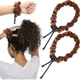 2 PCS Adjustable Hair Ties for Thick Hair, Large Satin Scrunchies for 4c Thick Hair Afro Puffs, Velvet Ponytail Holders for Curly Thin Hair (brown)
