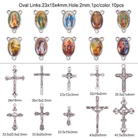 PH PandaHall Elite 10 Sets(20 pcs) Rosary Cross and Center Miraculous Medal with Alloy Crucifix Cross Pendants and Oval Picture Links for Rosary Necklace Making