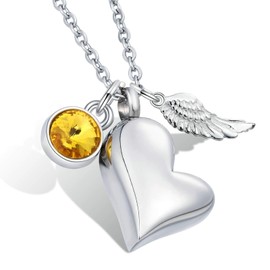 KnSam Stainless Steel Urn Pendant Necklace with Birthstone Crystal Pendant Angel Wings Ash Pendant Heart Memorial Chain Silver, Stainless Steel