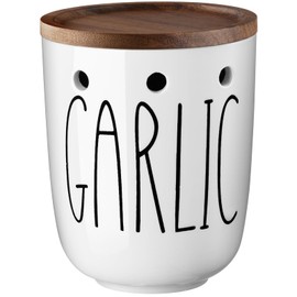 DAYYET Large Garlic Keeper for Counter, Ceramic Garlic Keeper with Acacia Wood Lid, Garlic Holder Storage Container, Garlic Saver for Kitchen, Farmhouse Kitchen Decor and Accesorries, White
