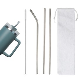 WOMLEX Stainless Steel Straw Set, 10.4 inches (265 mm), Set of 4 (0.4 inch (10 mm/6 mm), Straw Brush Included, Storage Bag Included, Silver