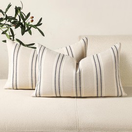 Hckot Throw Pillow Covers 12x20 Set of 2 Striped Pillow Covers Textured Linen Decorative Pillows Lumbar Cushion Covers for Sofa Couch Bed Living Room Farmhouse Decor, Navy