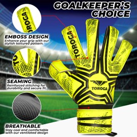 TOROGA Football Goalkeeper Gloves For Boys, Kids Children Youth Soccer Goalie Gloves with 4mm Latex Finger Spine Protection (Yellow Flat+Negative Cut, 10 - For L-XL(ADULT), Ambidextrous)