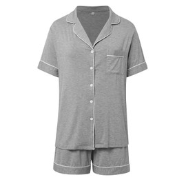 Celucke Women's Summer Pajama Set, Soft Breathable Sleepwear Short Sleeve Top with Comfortable Shorts Nightwear Set, Satin Pyjamas For Women, Pj Shorts Set, Ladies Comfort Lounge Wear Grey
