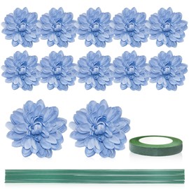 Quninet 12pcs Faux Dahlia Heads 3.9 Inch Silk Artificial Dahlia Flower Heads with Long Stems and Floral Tape for Wedding Bridal Shower Party Table Centerpieces (Blue)