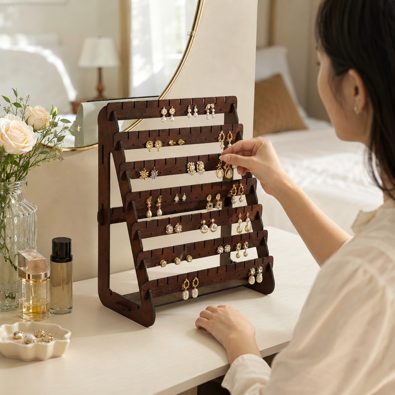 Wooden Earring Display Stand, Large Capacity Multi-Tier Jewelry Organizer Rack