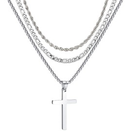 HSWYFCJY 3Pcs Set Cross Necklace for Men, Mens Cross Necklace Cross Chain Layered Stainless Steel Rope Figaro Chains for Women Boys Gold Silver Black (20inch/22inch)