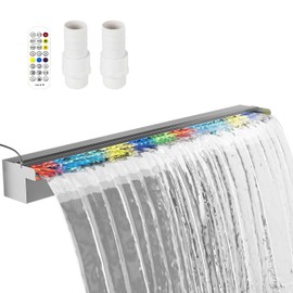 Kfpmx Pool Fountain Stainless Steel Waterfall with LED Lights - 35.4" LED Strip Remote Control with 18 Colors, Smooth Water Flow & Cascade Blade, Easy Installation for Outdoor, Garden, Patio & Ponds
