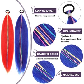 LACE PLUS Hair Ponytail Extension with Elastic Tie, Rainbow Long Straight Hairpieces Braided Hair Extensions Party Highlights Hair Accessories for Kids Girls Red Blue Extensions 26 Inch 2PCS(Red/Blue)